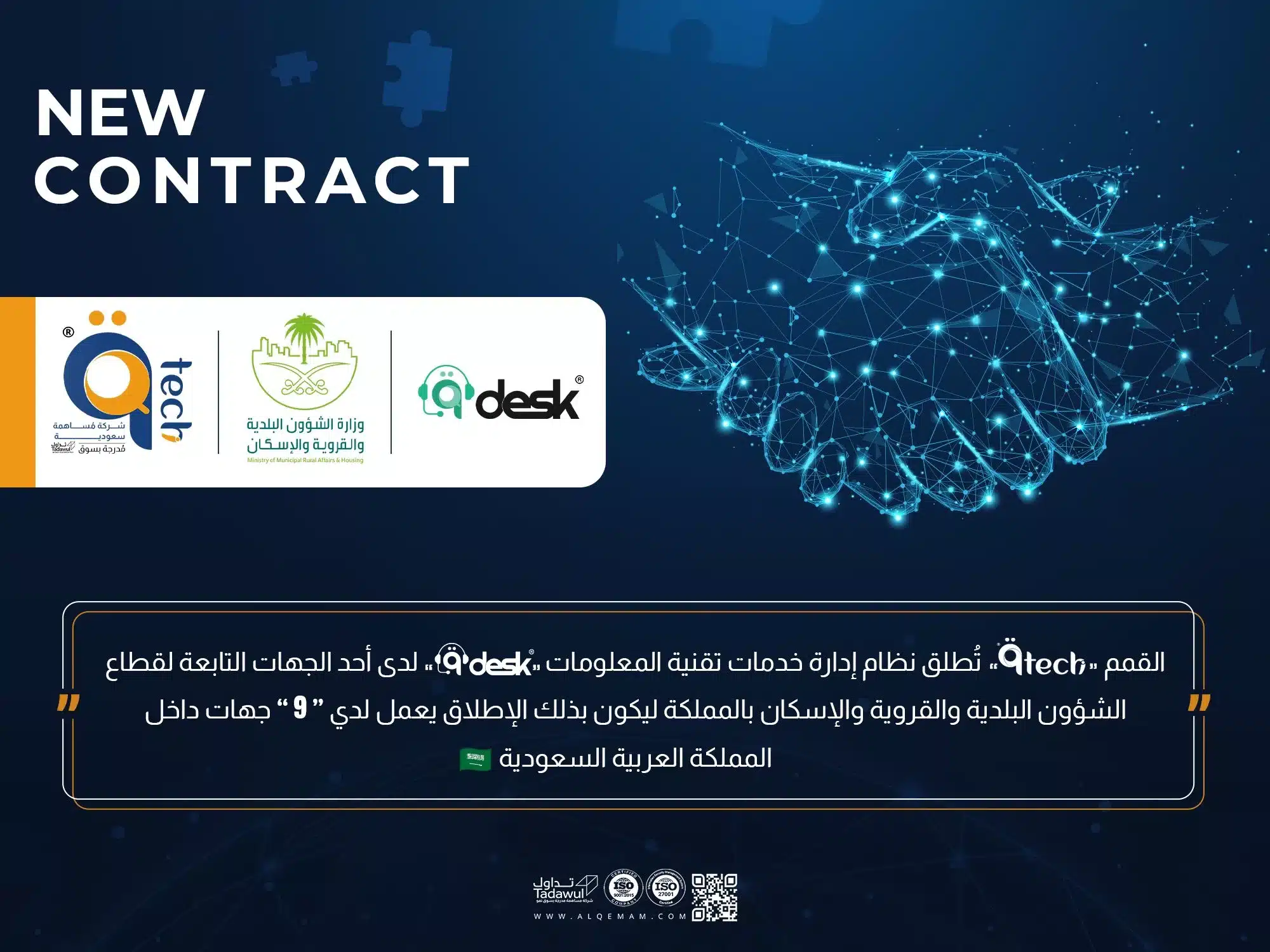 بعد نجاح تسجيل أنظمة “قمم للتعاملات الإلكترونية” لدى هيئة الحكومة الرقمية بالمملكة العربية السعودية بأكثر من إمارة تابعة لقطاع وزارة الداخلية ؛ تم تسجيل منصة “ربط” الجهات الحكومية المُطورة من قبل القمم “.qTech” تحت إسم “منجز” بإمارة منطقة حائل.  نسأل الله التوفيق والسداد.